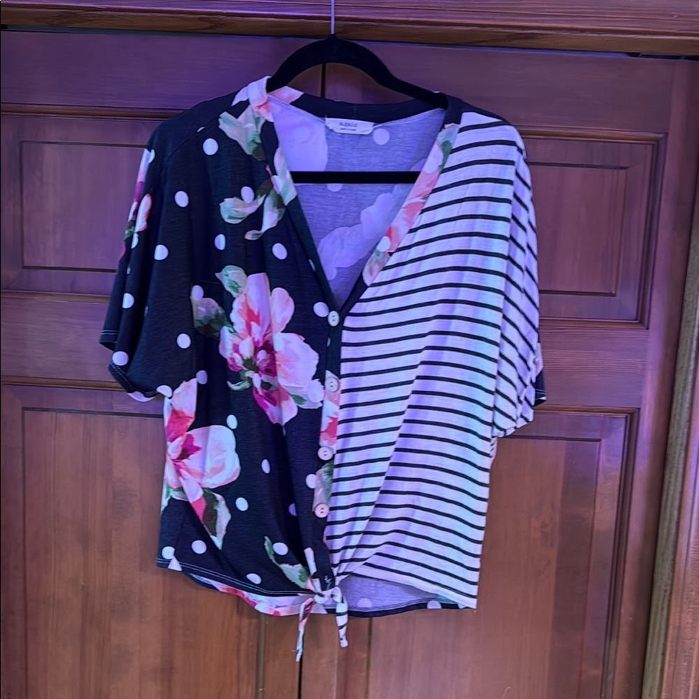 Floral and Striped Button-Up Women's Top